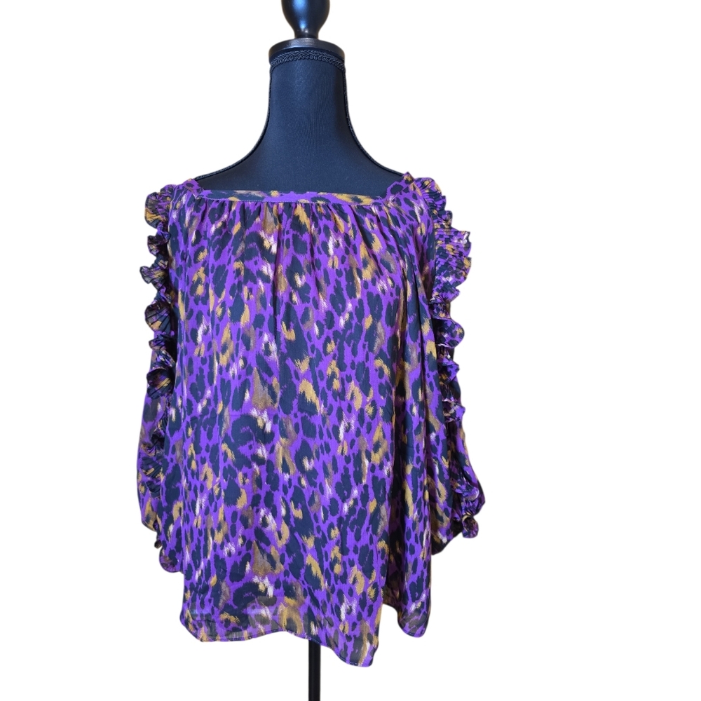 Cato Purple and Black Animal Print Ruffle Sleeve Blouse L  NWT